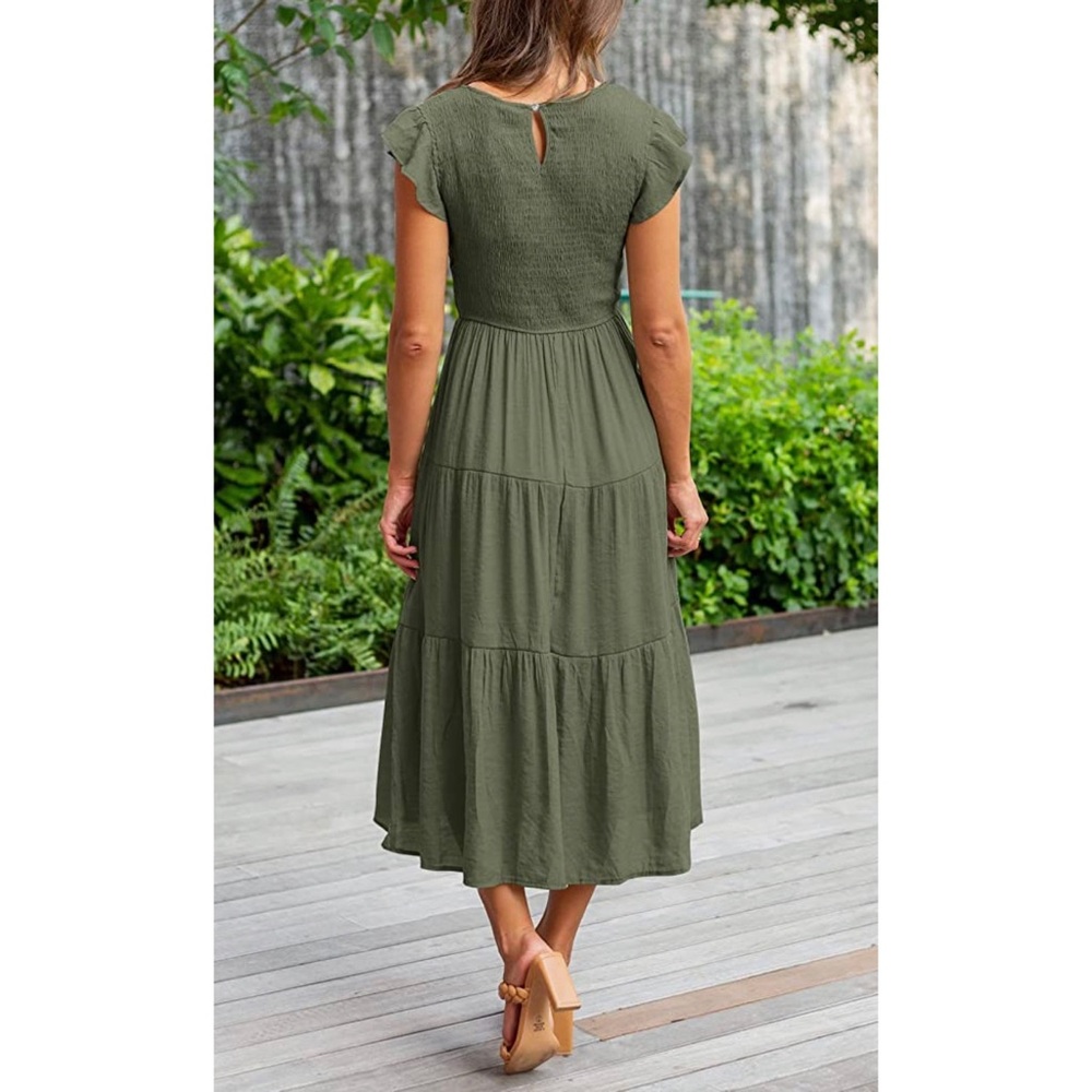 Boho Flutter Sleeve Smocked A-Line Midi Dress - Picture 2 of 5
